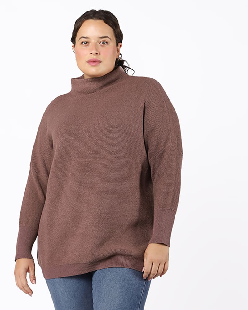 Front of a model wearing a size 0X Giavanna Ottoman Mock Neck Tunic in Mauve by DEX PLUS. | dia_product_style_image_id:234085